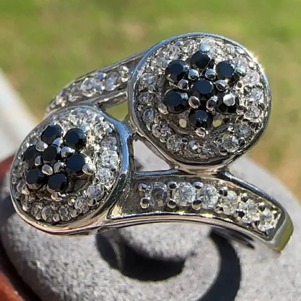 Elegant 925 Sterling Silver Black & White Diamond Ring – Size 7